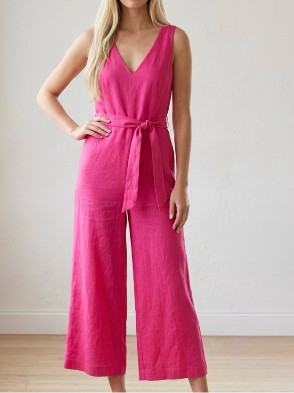 Lungo L’Arno Sleeveless Linen Jumper V Neck Cropped Wide Leg Belted Pink Italy S